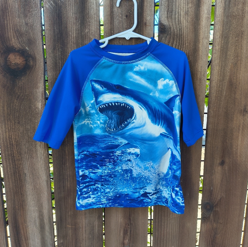 WONDER NATION | Boys Blue Shark Short Sleeve Swimming Shirt S 6-7